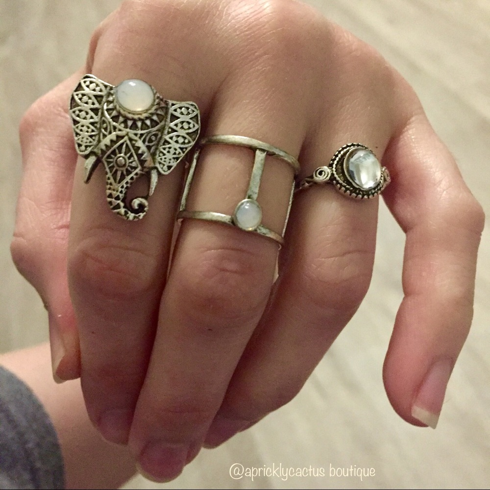 🛍 3pc Elephant Tribal Boho Silver Midi Rings Set - Picture 7 of 8
